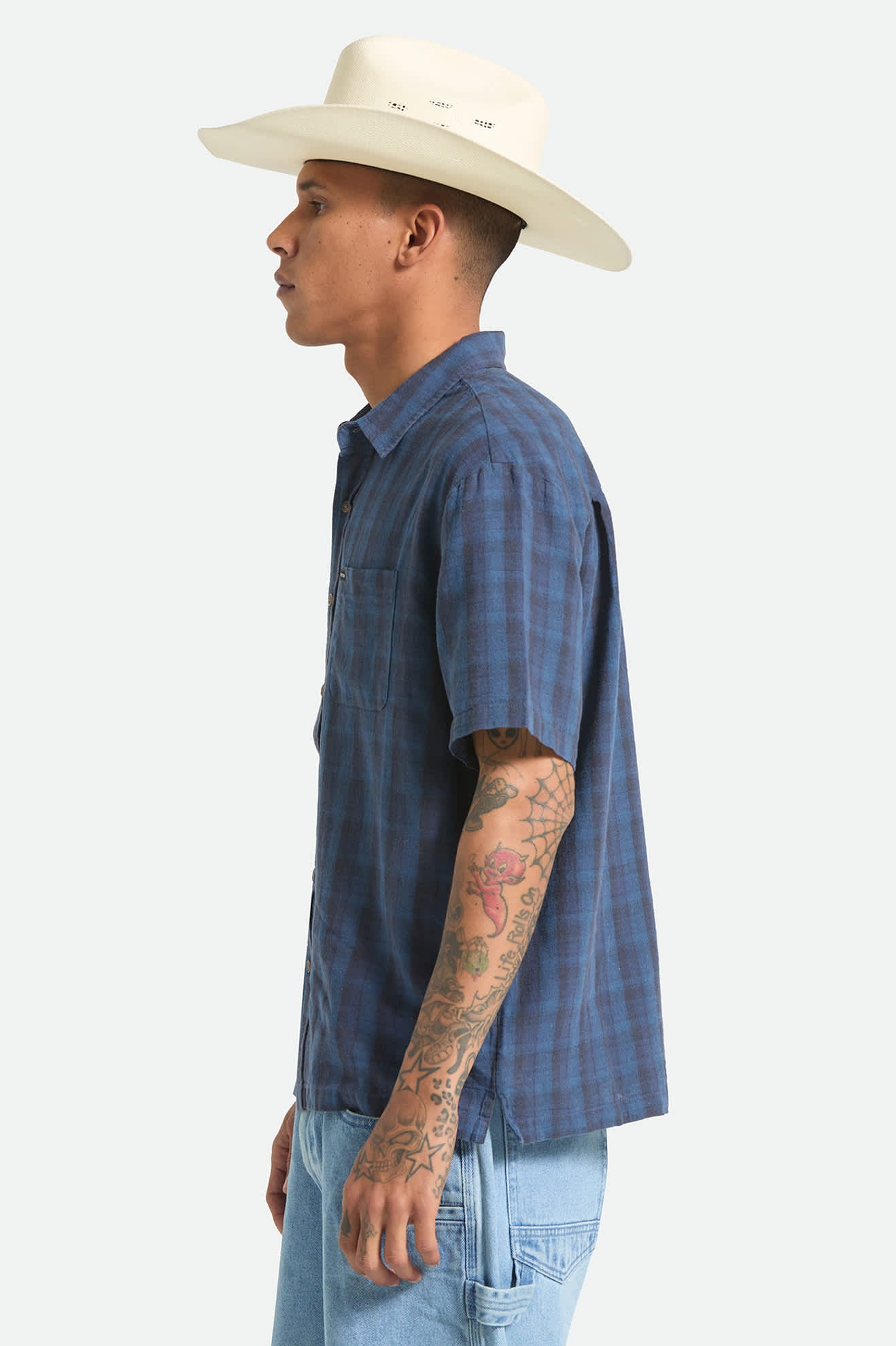 brixton-cru-linen-kurzarmhemd-dark-blue-black-plaid image 3