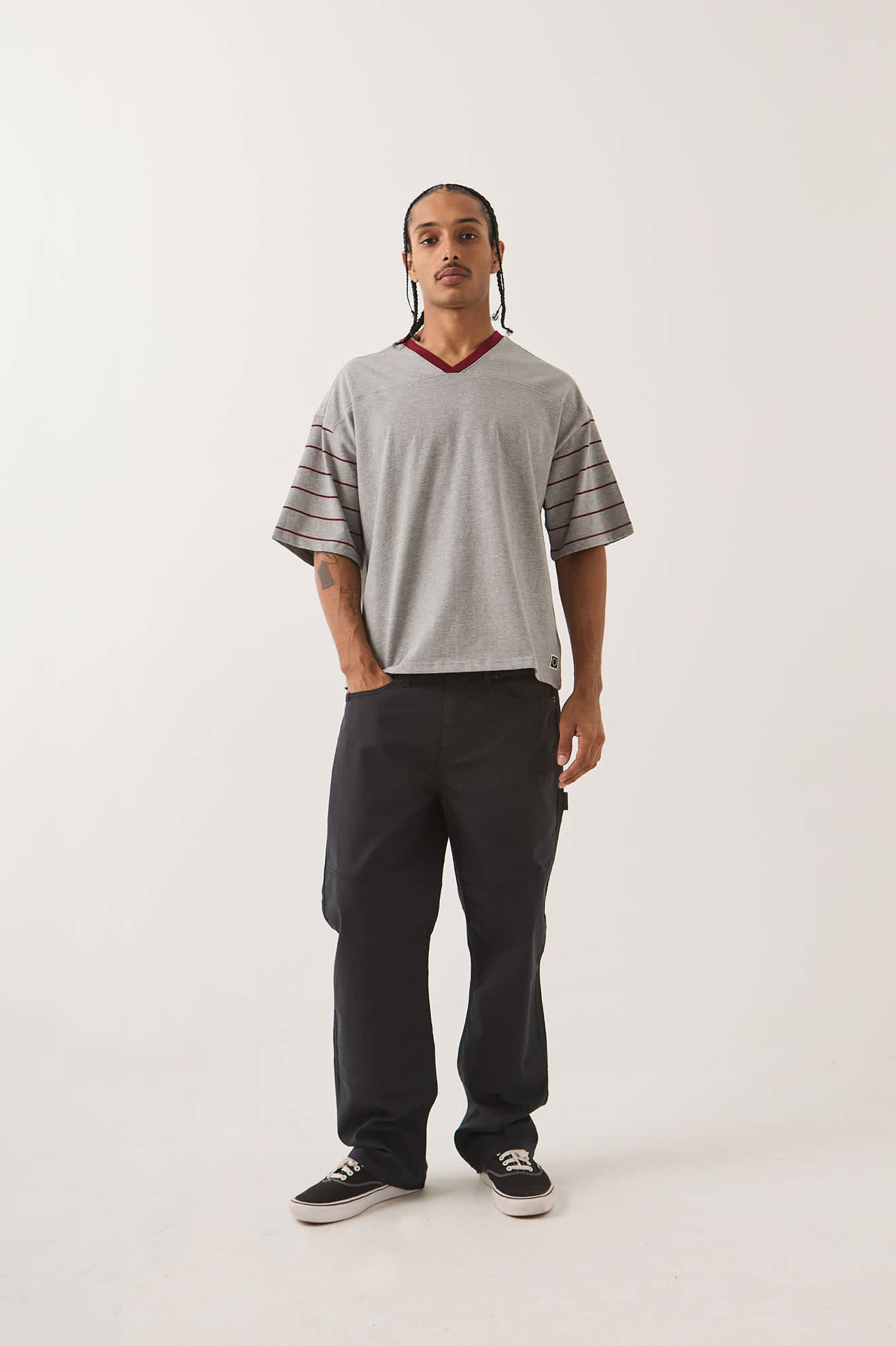 brixton-football-t-shirt-heather-grey-maroon-v-neck image 2