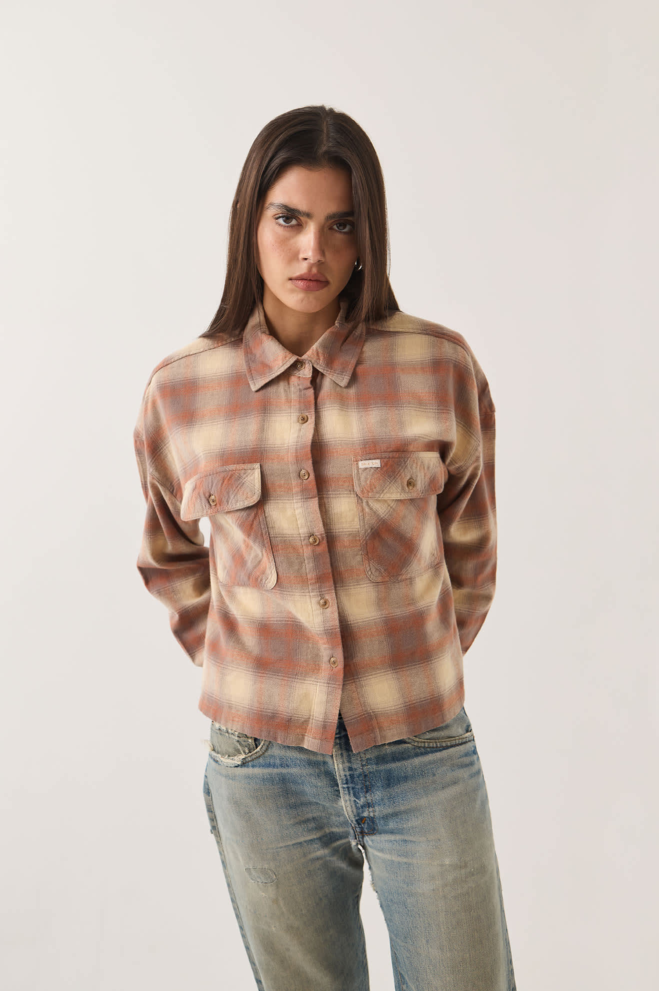 brixton-bowery-crop-overshirt-damen-beige-karo image 4