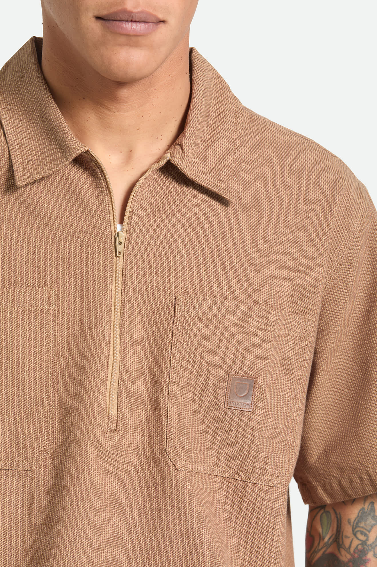 brixton-brakeman-kurzarmhemd-brown-tan-stripe-zip image 3