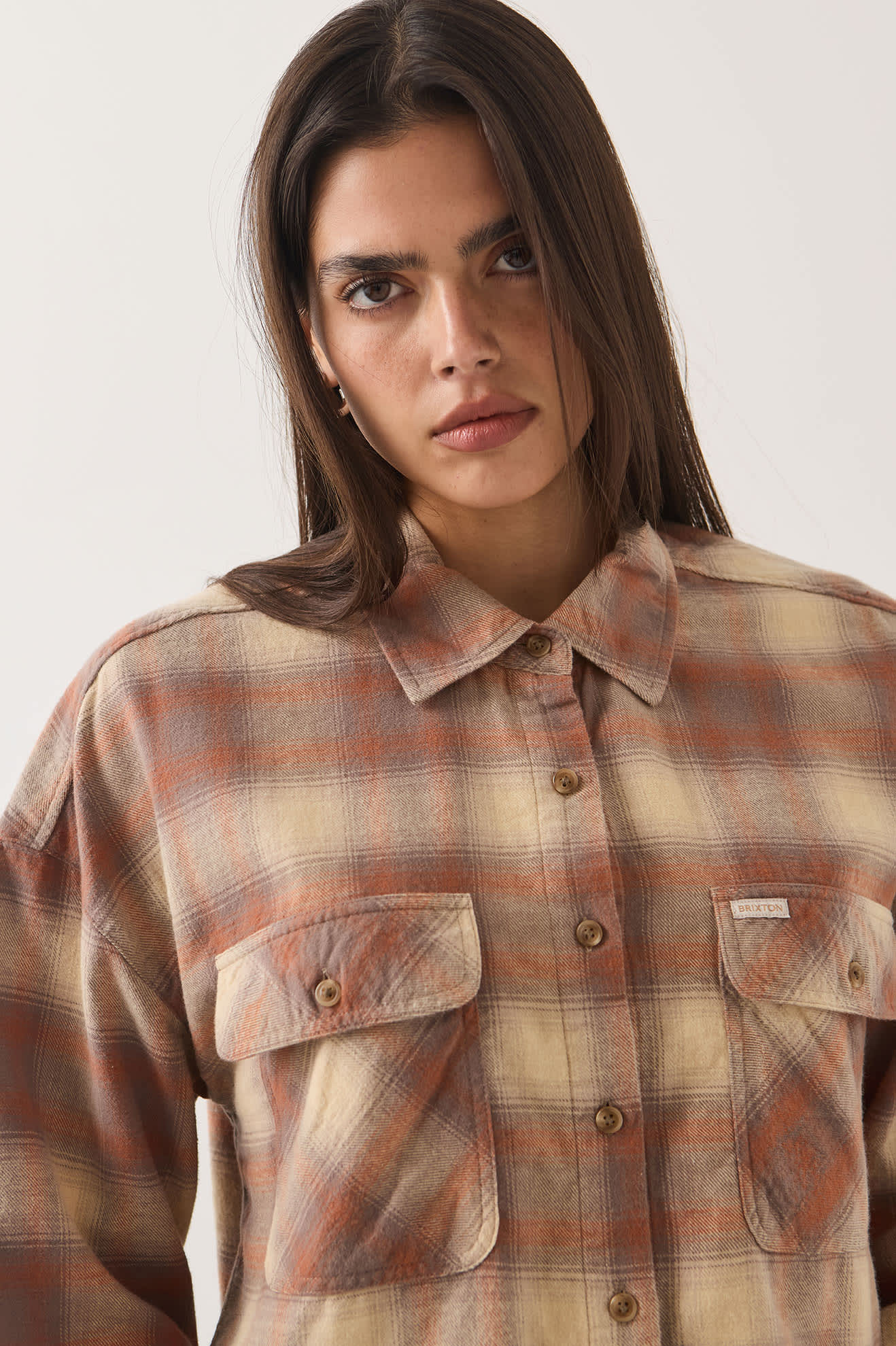 brixton-bowery-crop-overshirt-damen-beige-karo image 8