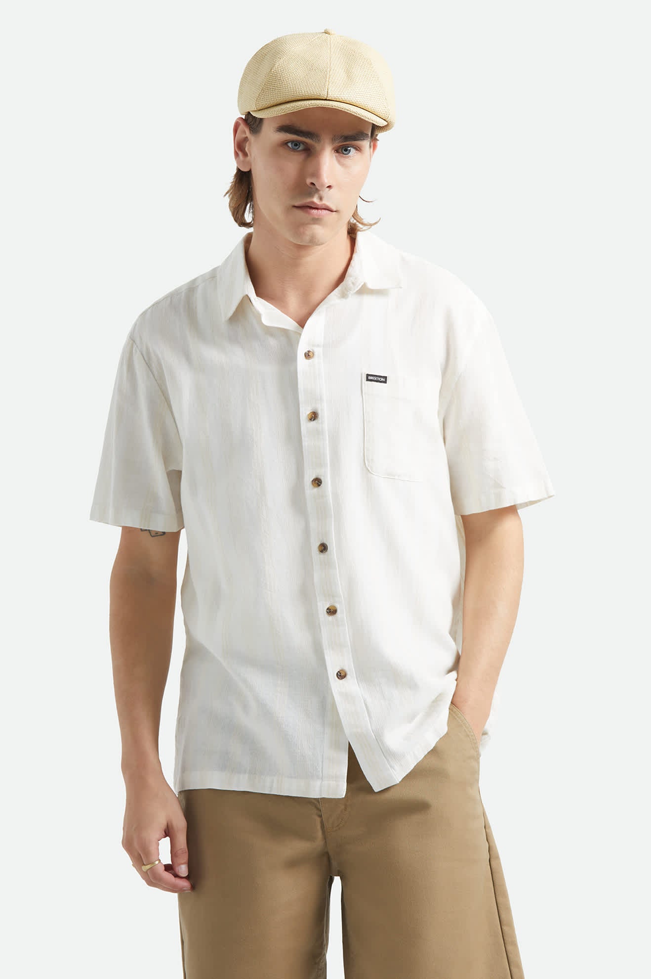 brixton-cru-kurzarmhemd-off-white-streifen-dobby image 2