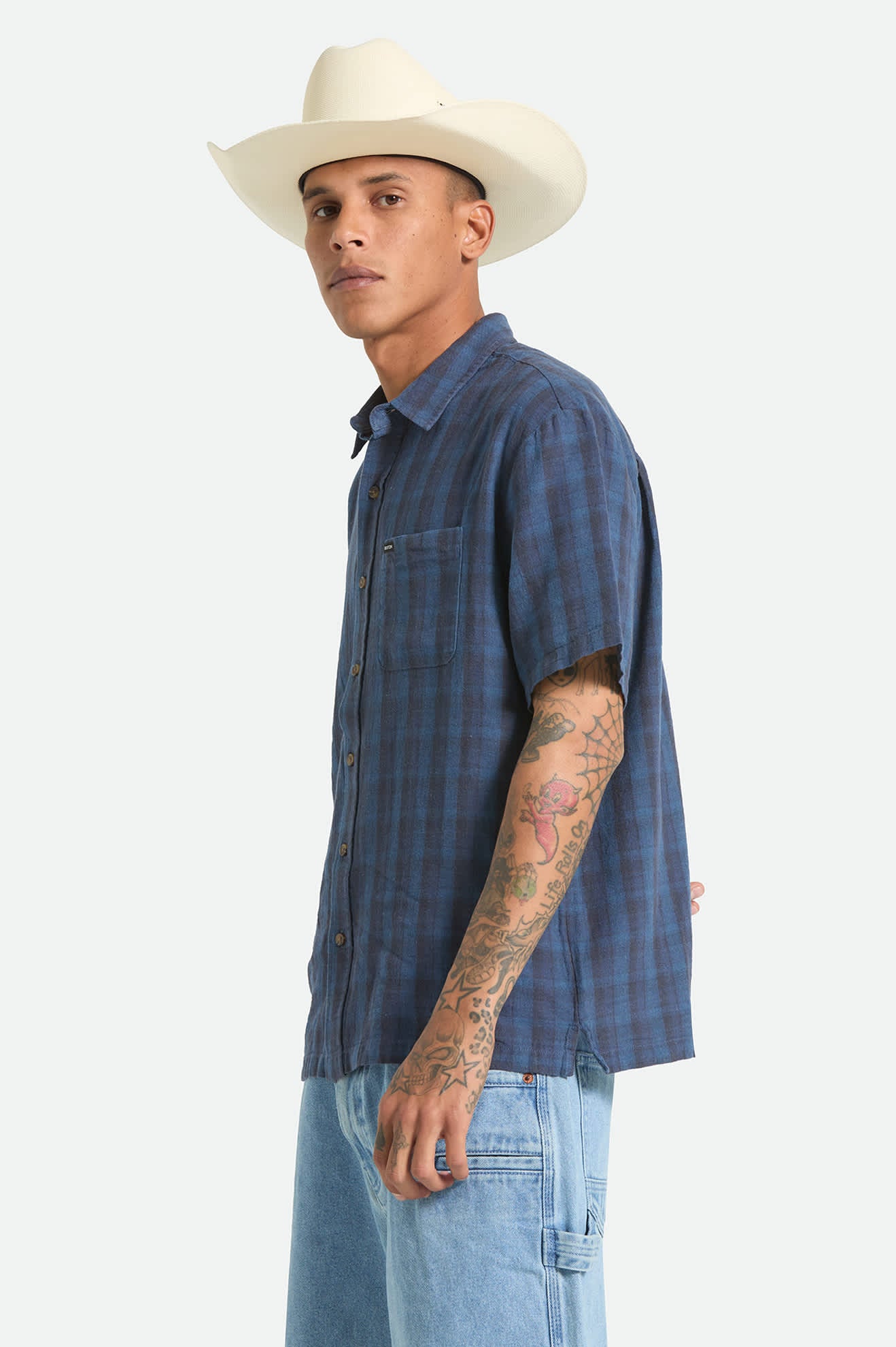 brixton-cru-linen-kurzarmhemd-dark-blue-black-plaid image 5