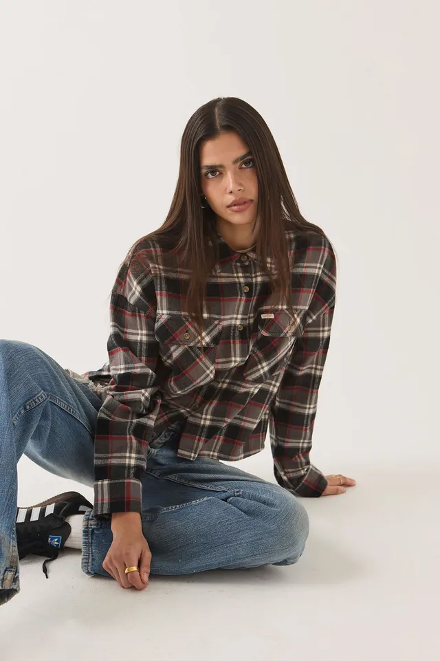 brixton-bowery-crop-overshirt-washed-black-plaid image 1