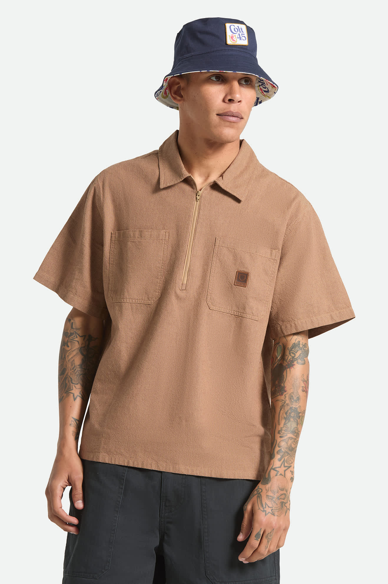 brixton-brakeman-kurzarmhemd-brown-tan-stripe-zip image 2