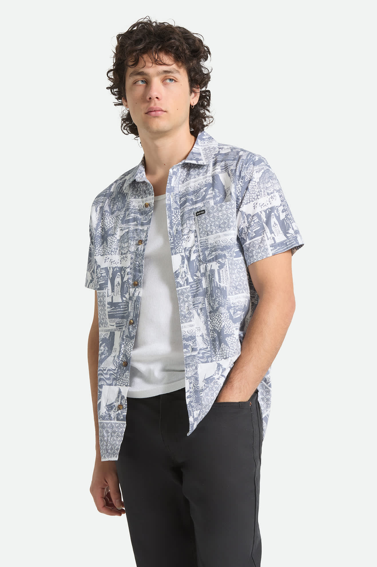 brixton-charter-print-kurzarmhemd-navy-white-collage image 2