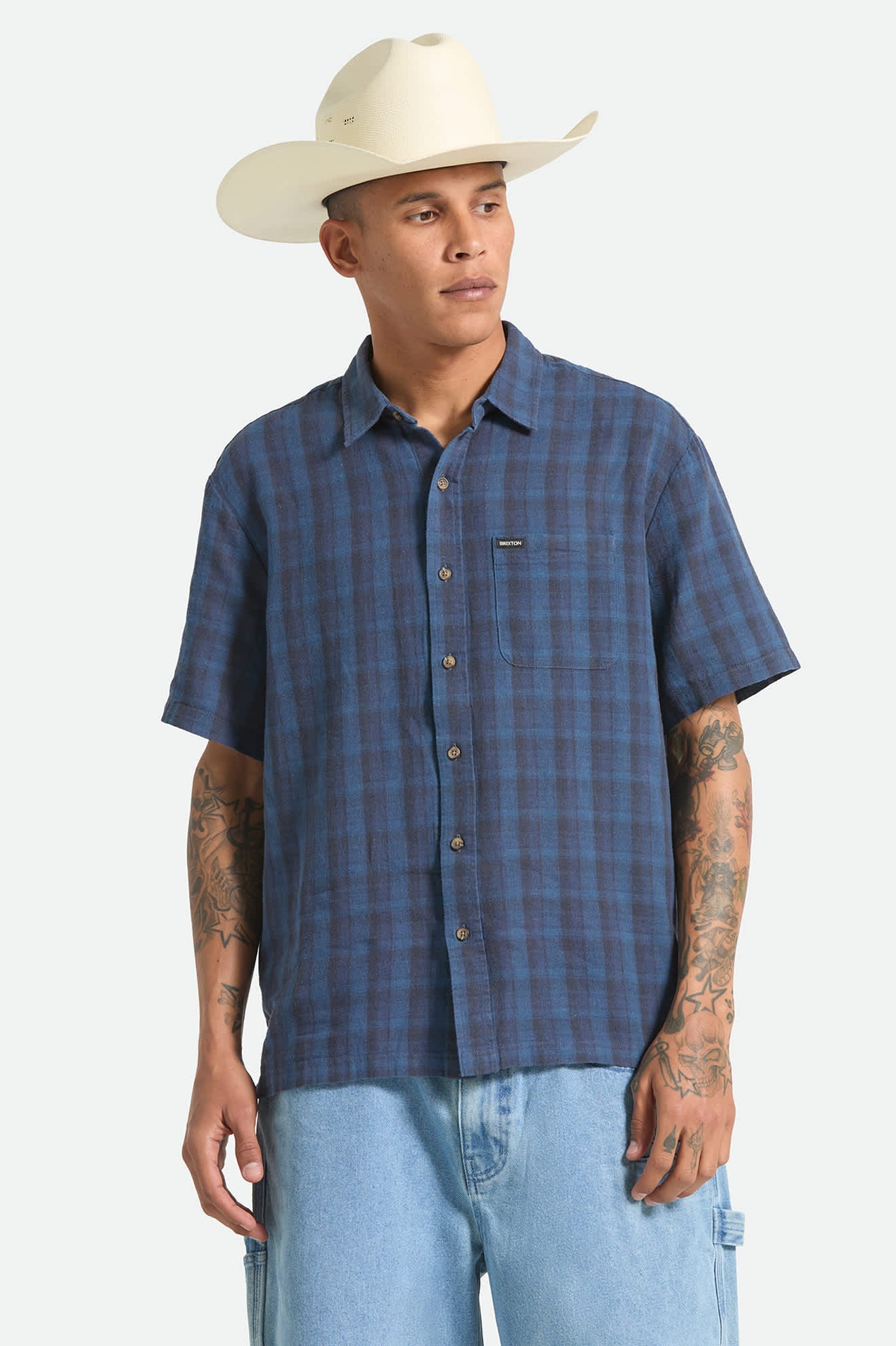 brixton-cru-linen-kurzarmhemd-dark-blue-black-plaid image 2