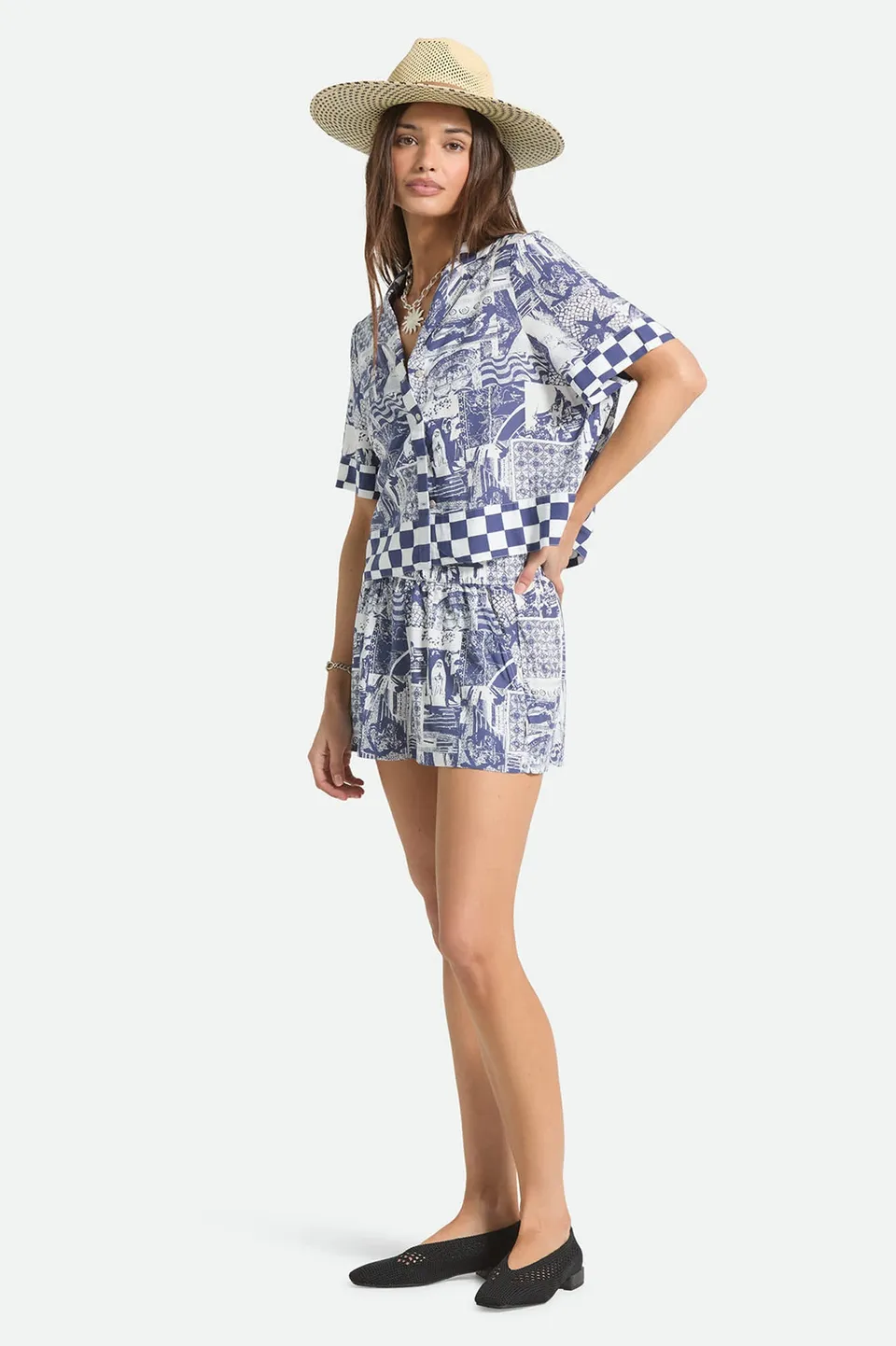 brixton-omar-kurzarm-hemd-navy-collage-viskose image 1