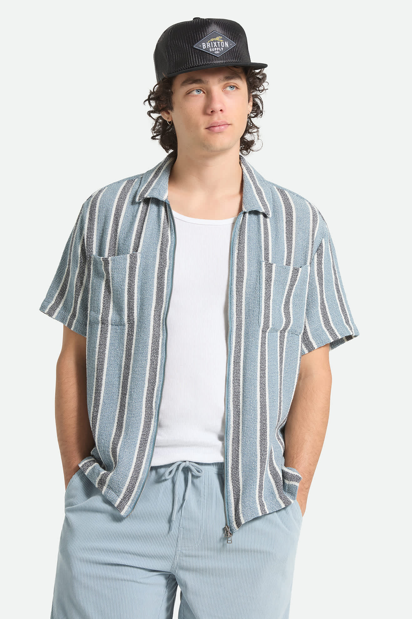 brixton-dexter-kurzarmhemd-black-dusty-blue-streifen image 2