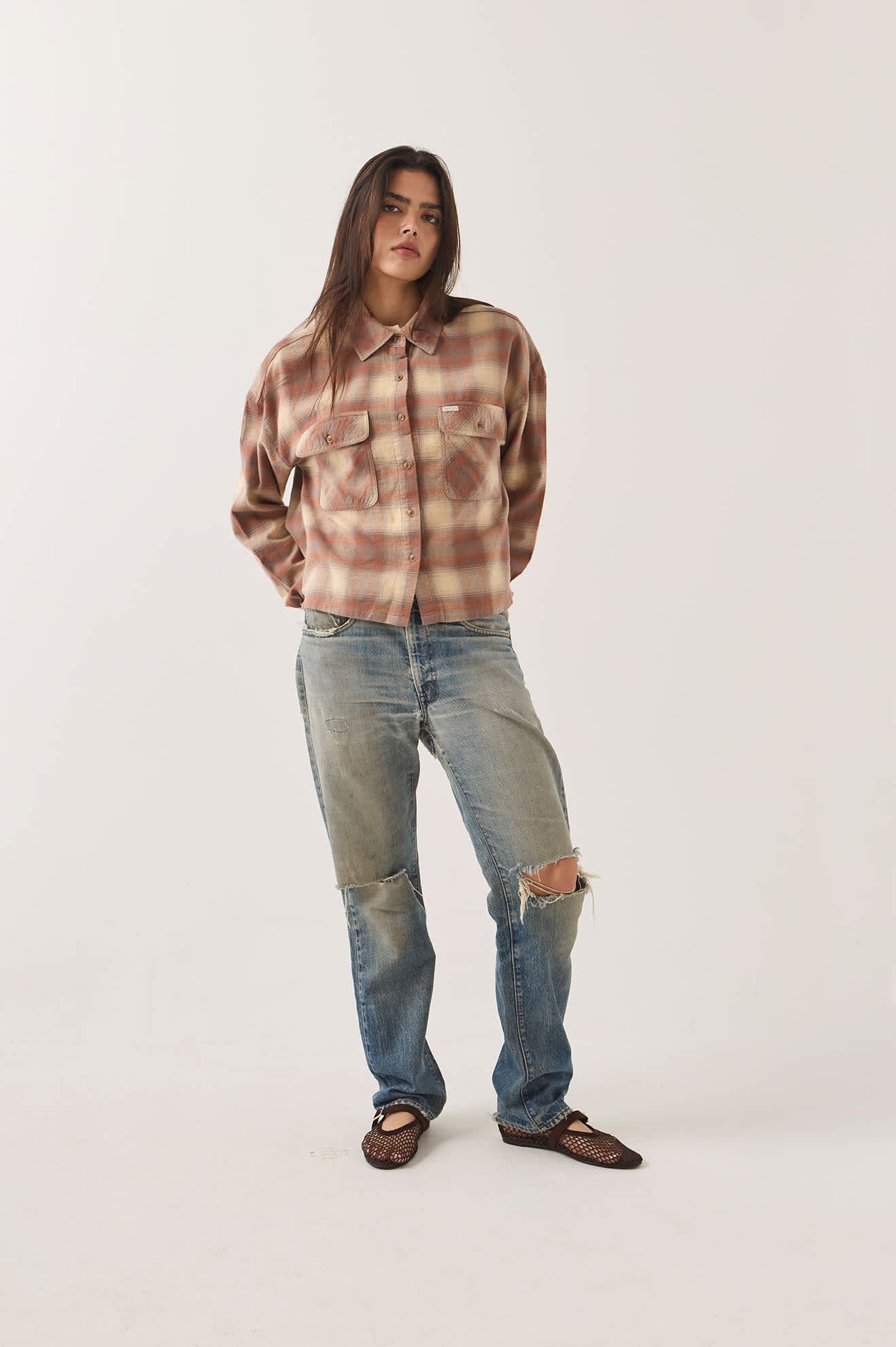 brixton-bowery-crop-overshirt-damen-beige-karo image 6