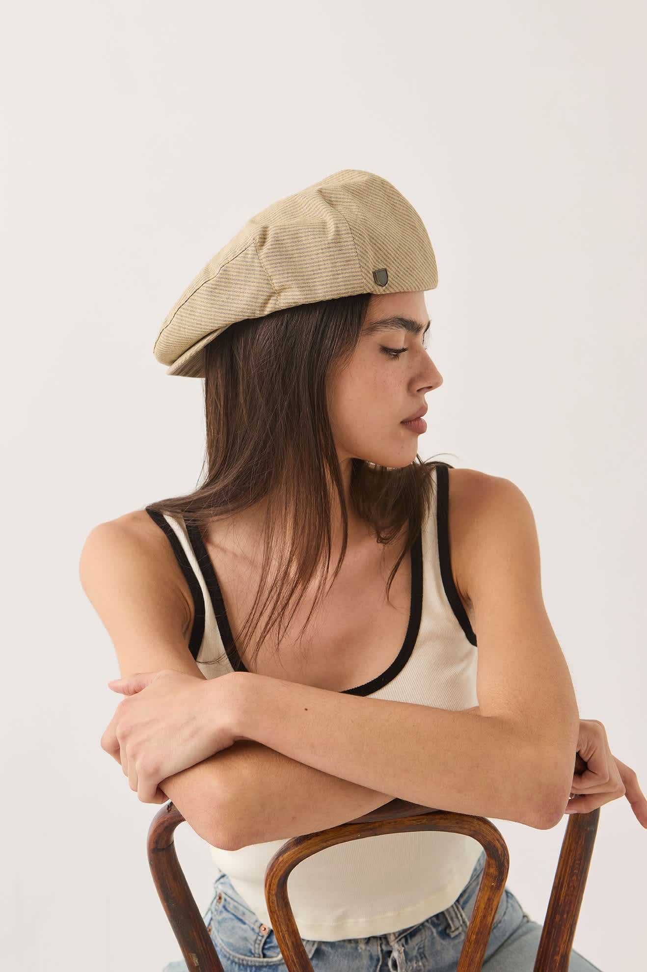 brixton-hooligan-flat-cap-khaki-stripe-washed-black-canvas image 7