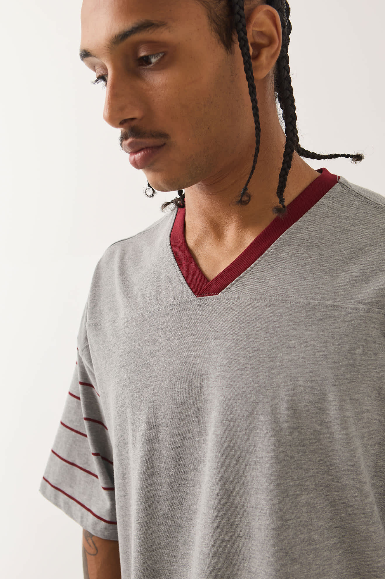 brixton-football-t-shirt-heather-grey-maroon-v-neck image 3