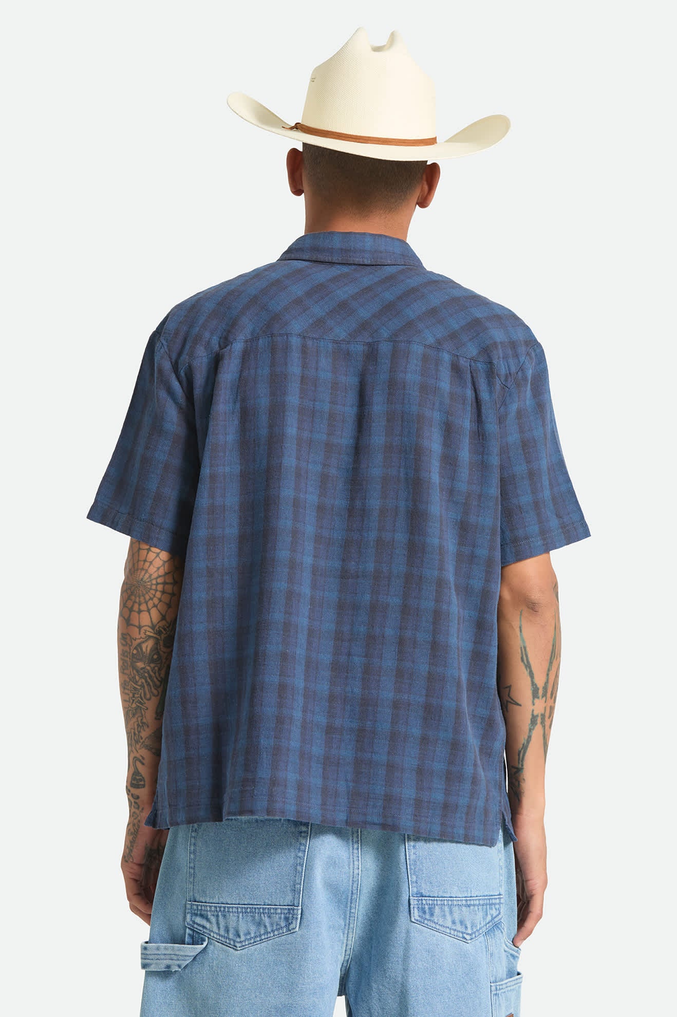 brixton-cru-linen-kurzarmhemd-dark-blue-black-plaid image 4