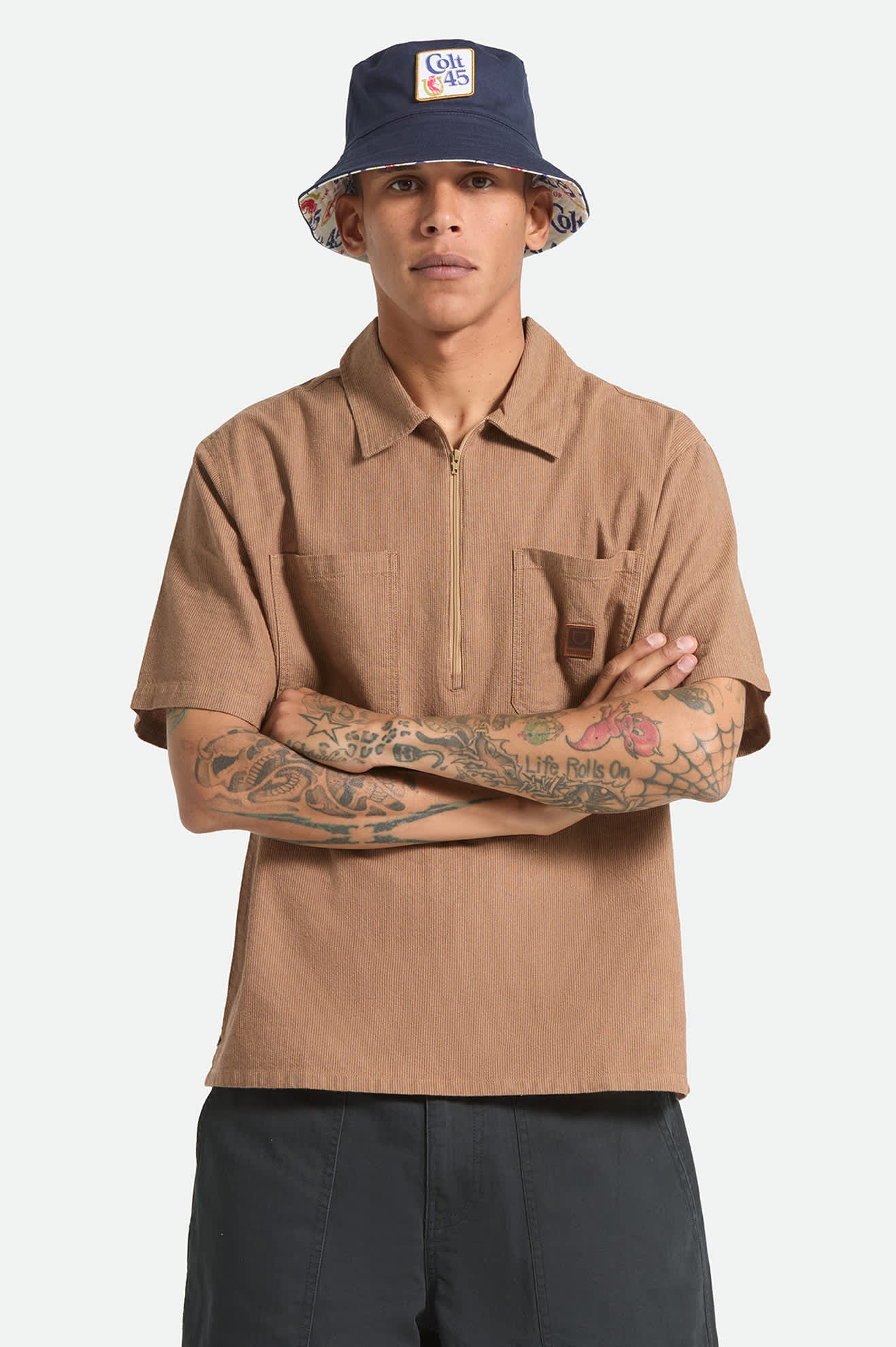 brixton-brakeman-kurzarmhemd-brown-tan-stripe-zip image 5