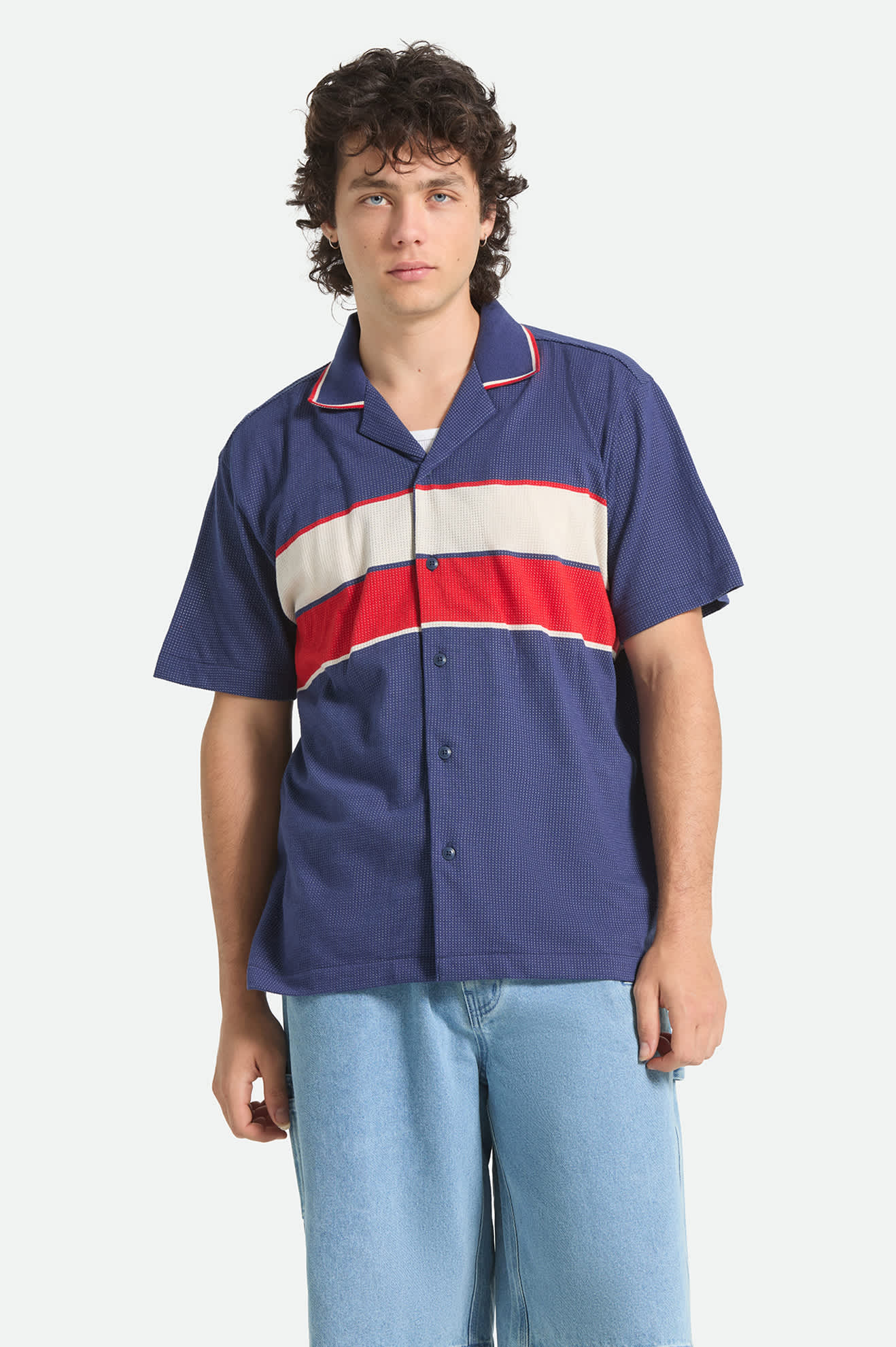 brixton-bunker-mesh-kurzarmhemd-washed-navy-streifen image 2