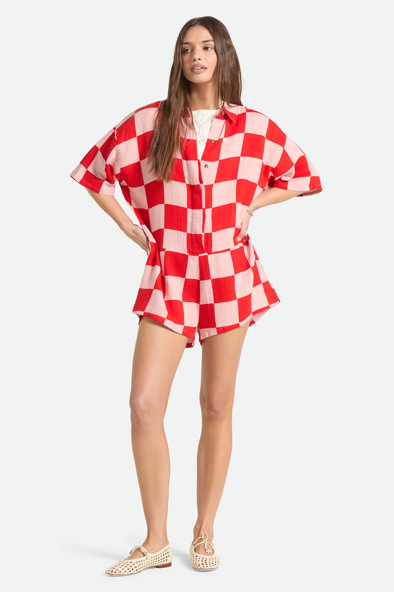 brixton-getaway-romper-jumpsuit-silber-pink-karo-baumwolle image 4